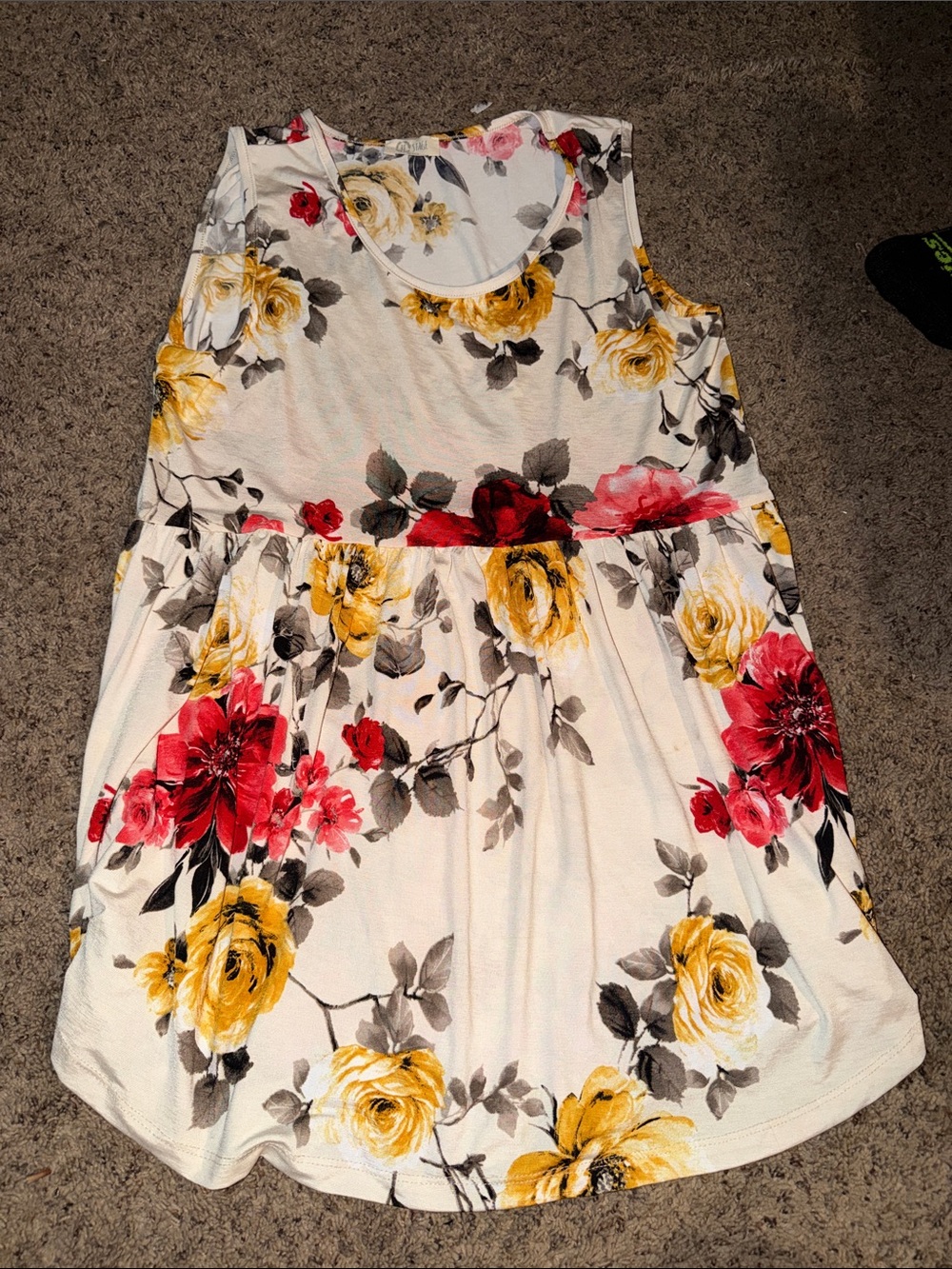 Cream Floral Sleeveless Tank Top with Yellow & Red Blooms
